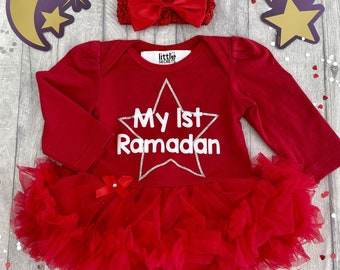 My 1st Ramadan Baby Girl's Outfit, Newborn Red Tutu Romper with Bow Headband Silver Glitter Star, Princess Dress 1st Eid Ramadan Celebration