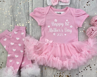 Newborn Girls 1st Mother's Day 2023 Tutu, Baby Girl's Pink Tutu Romper, Bow Headband, Tights Socks or Leg Warmers