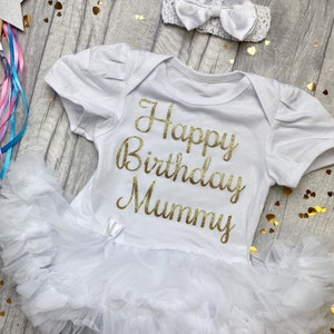 Mameluco de tutú de feliz cumpleaños mamá bebé niña con diadema de lazo, traje de bebé recién nacido, regalo para mamá, regalo de recuerdo imagen 8