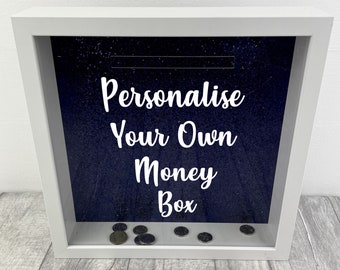 Custom and Personalise Your Own White Money Box with Dark Blue Glitter Background, Special Occasion Saving Fund Gift Keepsake Present