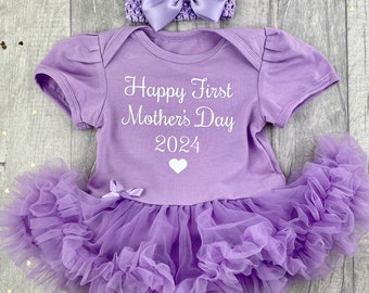 Newborn 1st Mother's Day Outfit, Happy First Mother's Day 2024 Baby Girl's tutu romper with Bow Headband, Mother's Day Keepsake