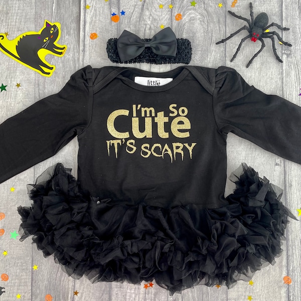 I'm so Cute It's Scary Halloween Outfit, Baby Girl's Black Tutu Romper with Bow Headband, Newborn Fancy Dress Costume Halloween Party