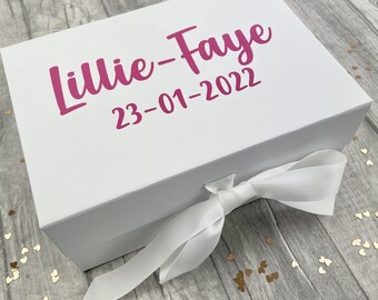 Personalised Luxury Newborn Gift Box, Custom Name and Date Small White Box with Ribbon Tie, Keepsake Memory Box