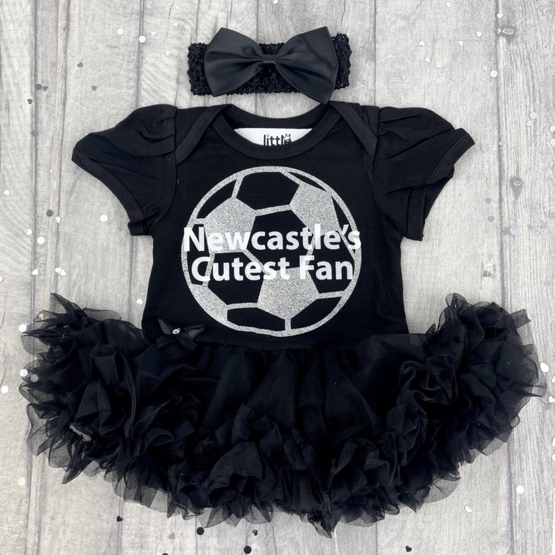 Baby Girl's Newcastle Football Black Tutu Romper with Bow Headband, Newcastle's Cutest Fan Silver Glitter Football Kit, Newborn Daddy's Girl image 6