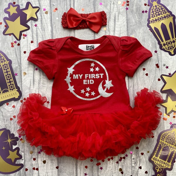 My First Eid Baby Girl's Outfit, Silver Glitter Moon and Stars Tutu Romper with Bow Headband, Newborn Celebration Party 1st Eid Dress Gift