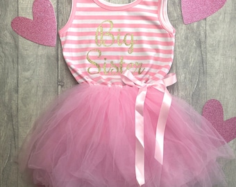 Big Sister Pink Striped Tutu dress with Pink Bow, Newborn Baby Gift, Keepsake Present, Baby Announcement, Gold glitter Script Design