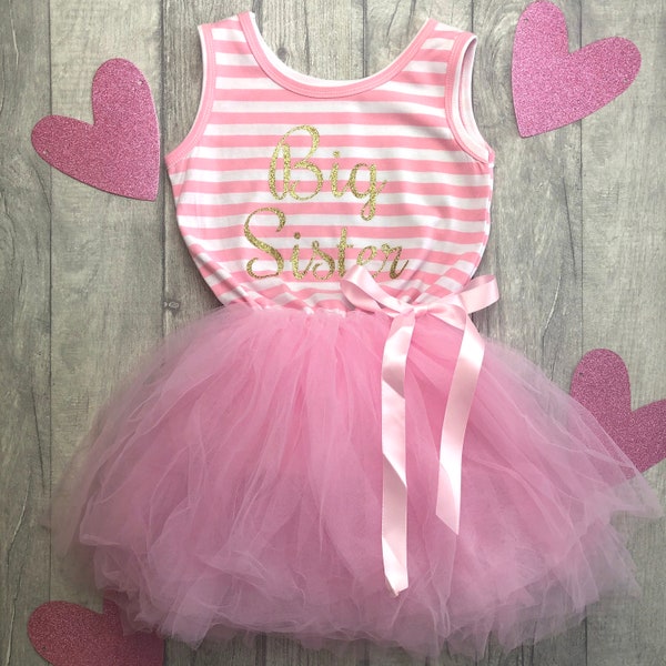 Big Sister Pink Striped Tutu dress with Pink Bow, Newborn Baby Gift, Keepsake Present, Baby Announcement, Gold glitter Script Design