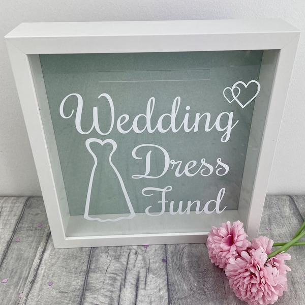 Wedding Dress Fund Saving Money Box, White Box Frame Glitter Background, Bride To Be, Wedding Planning Saving Dream Wedding Dress