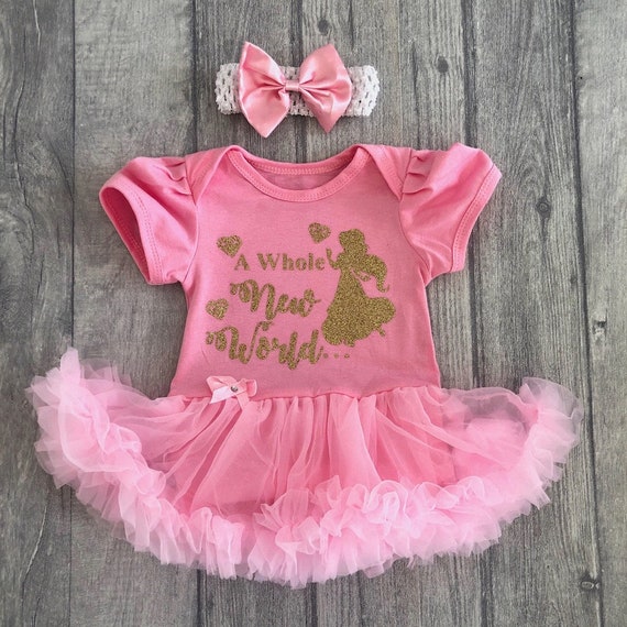 DISNEY ALADDIN TUTU ROMPER Gold Glitter Princess Jasmine Whole New World Gift