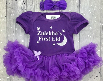 Personalised First Eid Baby Girl's Outfit, Silver Moon and Stars Newborn Tutu Romper with Bow Headband Gift, Celebrate Party Dress Present