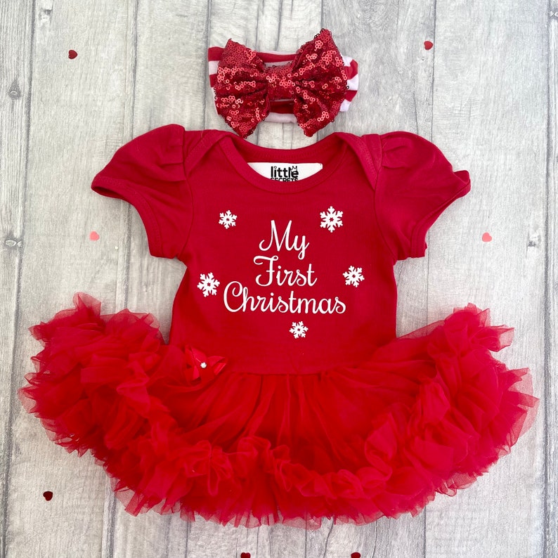 Babies My First Christmas Red Tutu Romper with Red Sequin Bow Headband, Newborn Christmas Outfit Gift, White Glitter Snowflakes Design 