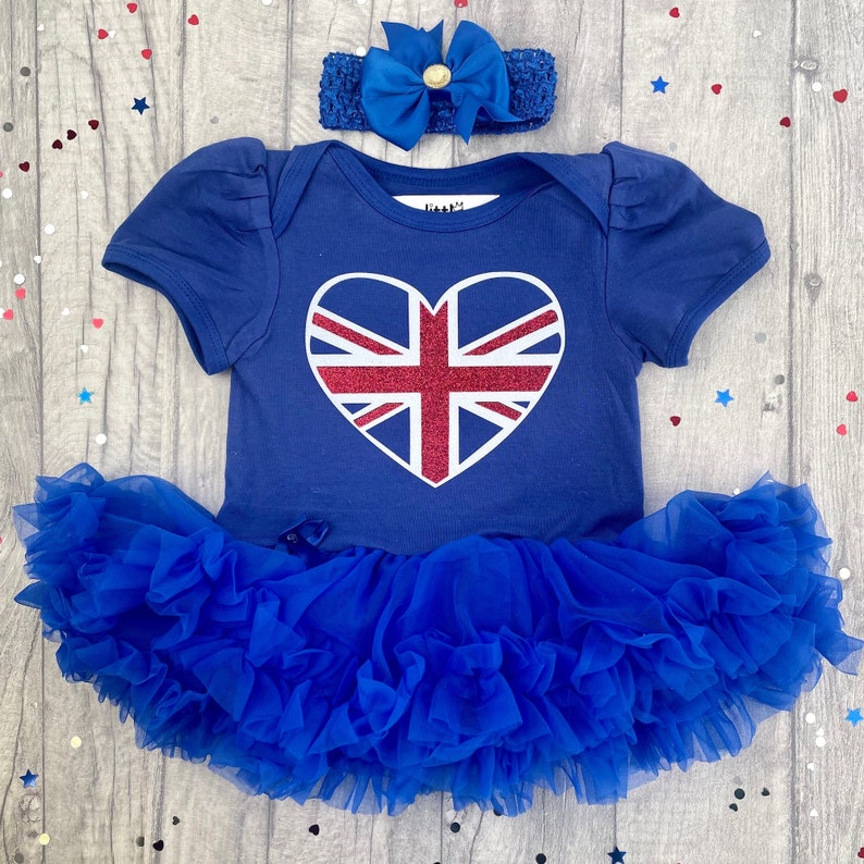 Queen Elizabeth Memorabilia Union Jack Newborn Dress, Baby Girl's Blue Tutu Romper with Headband, Red White Blue Love Heart 