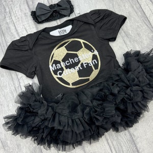 Manchester's Cutest Fan Baby Girl's Red Tutu Romper with Bow Headband, Newborn Princess Daddy's Girl Football Kit, Gold Glitter Football image 6