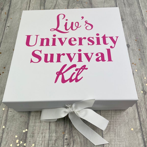 Personalised University Survival Kit White Ribbon Gift Box, Keepsake Box, Present Gift Box, Love, Special Occasion, Friend, Memories