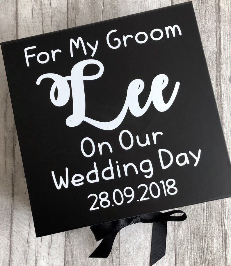Stag Love Wedding Day Special Personalised Groom to Be Black Box with Ribbon Bow Memory Box Keepsake Box Engagement Present Gift