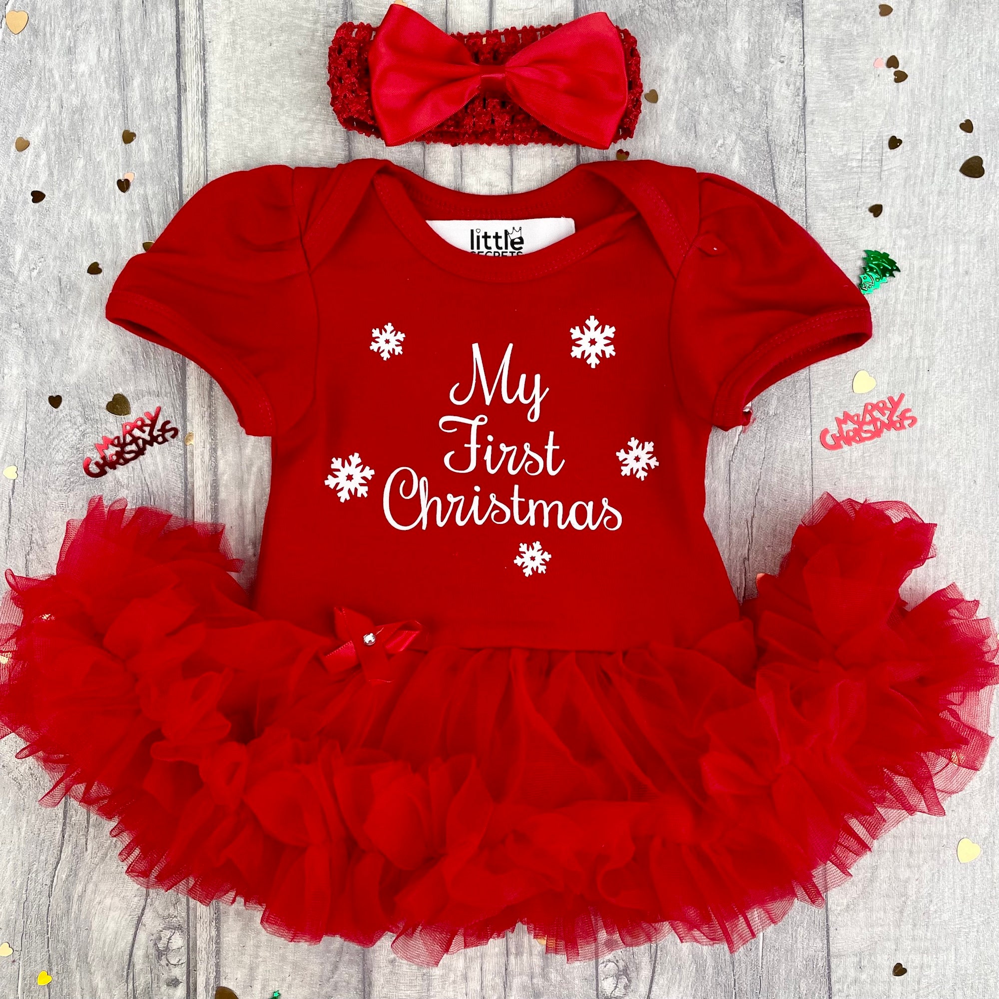 LittleSecretsGifts Babies My First Christmas Outfit Baby Girl s Tutu Romper with Bow Headband Newborn Gift Princess Christmas Dress White Glitter Snowflakes