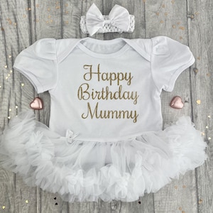 Happy Birthday Mummy Baby Girl's Tutu romper with Bow Headband, Newborn Baby Outfit, Present for Mummy, Keepsake Gift image 2