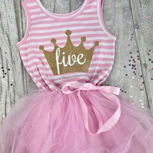 5th Birthday Pink Tutu Dress, Girl's Sleeveless Summer Pink Striped Tutu Dress with Bow, Birthday Princess Party Outfit, Gold Princess Crown