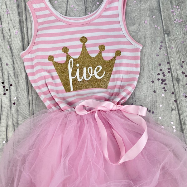 5th Birthday Pink Tutu Dress, Girl's Sleeveless Summer Pink Striped Tutu Dress with Bow, Birthday Princess Party Outfit, Gold Princess Crown