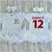 Personalised England Football Outfit, Baby Girl's White Tutu Romper with Bow Headband Red Name and Number on Back, Newborn Gift Daddy's Girl 