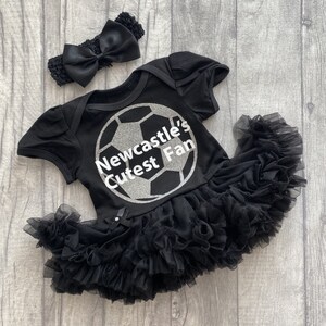 Baby Girl's Newcastle Football Black Tutu Romper with Bow Headband, Newcastle's Cutest Fan Silver Glitter Football Kit, Newborn Daddy's Girl image 2