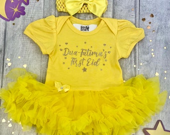 Personalised First Eid Baby Girl's Tutu Romper with Bow Headband, Gold Moon and Hearts Design, Newborn Celebrate Party Dress Present