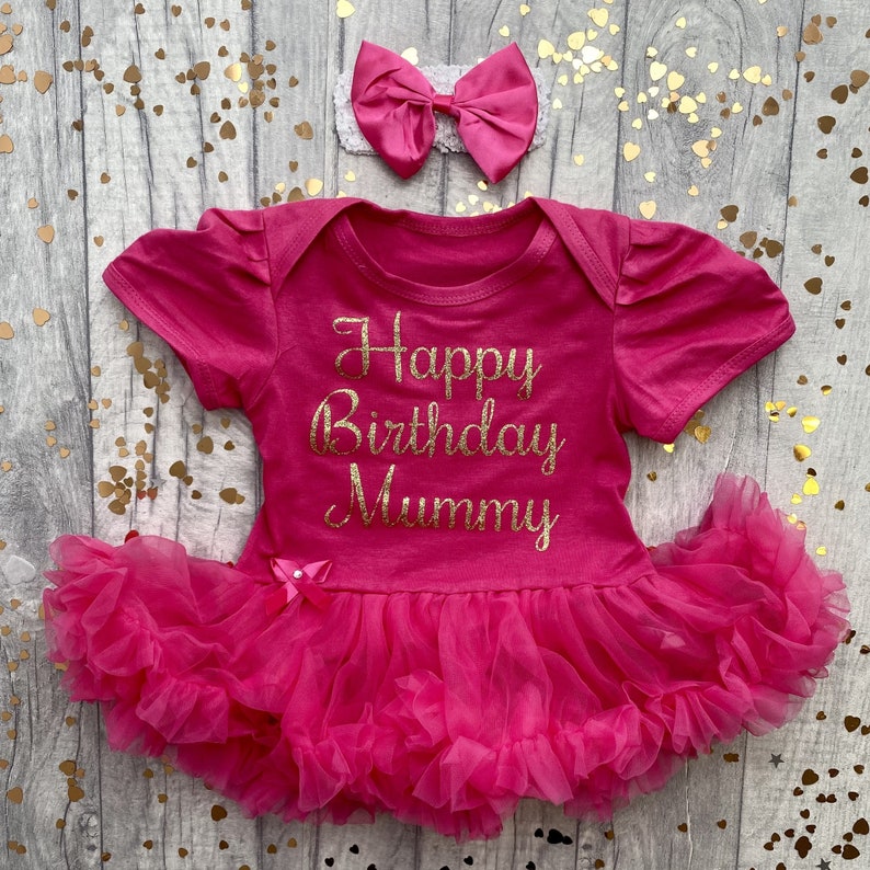 Mameluco de tutú de feliz cumpleaños mamá bebé niña con diadema de lazo, traje de bebé recién nacido, regalo para mamá, regalo de recuerdo imagen 5