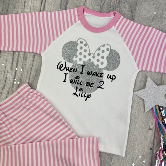 Birthday Girl's Minnie Mouse Pyjama Wanneer ik wakker roze wit gestreepte PJ's pyjama set baby meisje nachtkleding prinses aandenken cadeau Kleding Meisjeskleding Pyjamas & Badjassen Pyjama Sets 