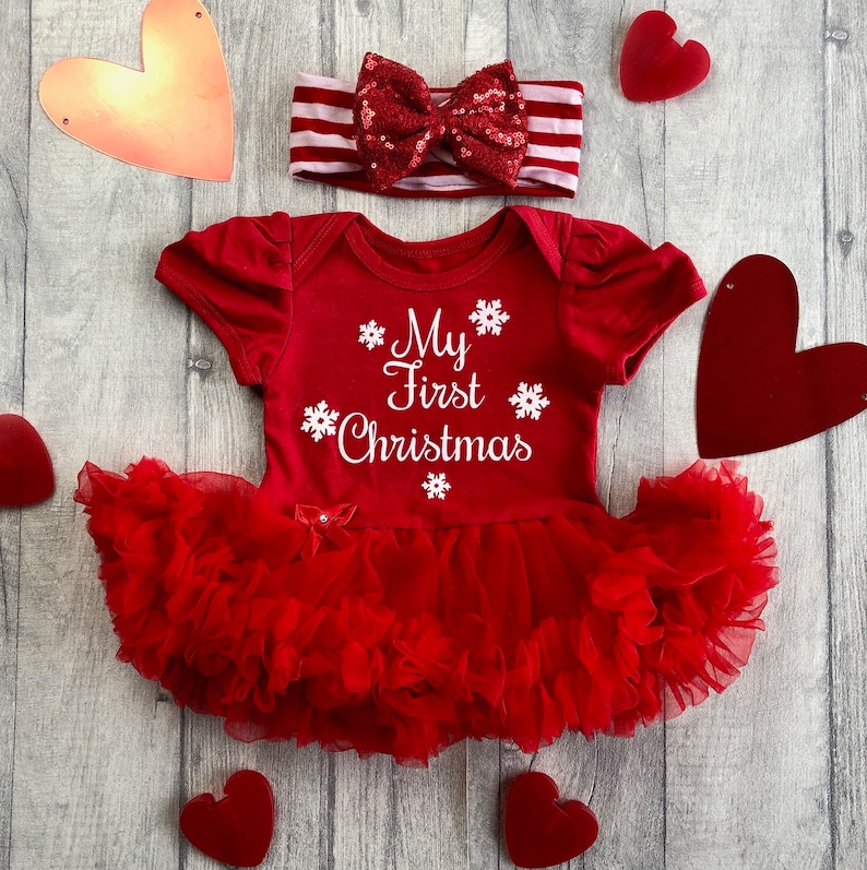 Baby Girl's My First Christmas Red Tutu Romper with Red image 0