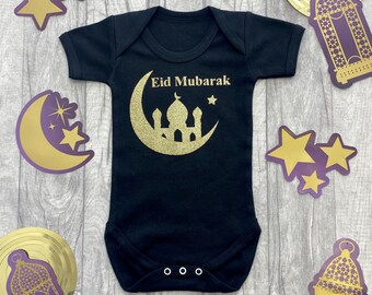 Baby's Eid Mubarak Short Sleeve Romper, Eid and Ramadan Mosque Gold Glitter Design, Newborn Keepsake Gift Celebration Present Family