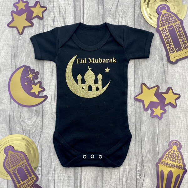 Baby's Eid Mubarak Short Sleeve Romper, Eid and Ramadan Mosque Gold Glitter Design, Newborn Keepsake Gift Celebration Present Family