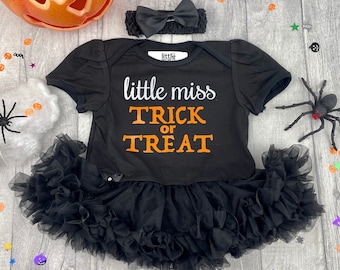 Baby Girl's Little Miss Trick or Treat Halloween Outfit, Tutu Romper with Bow Headband, Halloween Party Fancy Dress Costume Keepsake