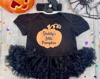 Baby Girl's Halloween Daddy's Little Pumpkin Tutu Romper with Headband, Neon Orange Glitter Pumpkin Design, Newborn Gift Fancy Dress