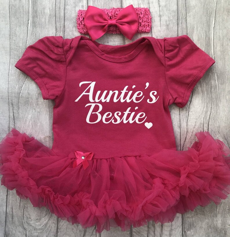 Niece White glitter Auntie/'s Bestie Baby Girl/'s Hot Pink tutu romper with matching bow headband Baby shower Newborn Love Cute Present