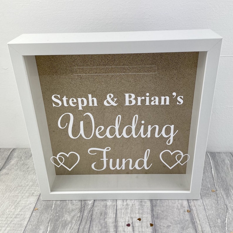 Personalised Wedding Fund Money Box Frame, Engagement Gift, Personalised names, Saving Fund Gift Present, Love Celebrate, Couple Perfect Day imagem 2