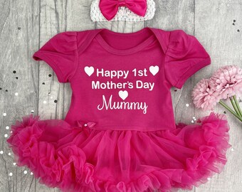 Newborn 1st Mother's Day Mummy Outfit, Baby Girl's Tutu Romper with Bow Headband, Newborn Mother's Day Gift Perfect Present Keepsake