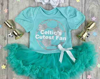 Baby Girl's Celtic Football Green Tutu Romper with Bow Headband, Celtic's Cutest Fan Silver Glitter Football Design, Newborn Daddy's Girl