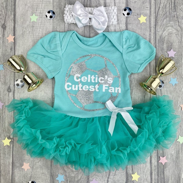 Baby Girl's Celtic Football Green Tutu Romper with Bow Headband, Celtic's Cutest Fan Silver Glitter Football Design, Newborn Daddy's Girl