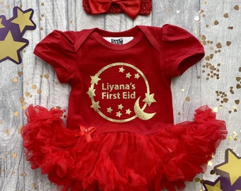 Personalised First Eid Baby Girl's Tutu Romper with Bow Headband, Gold Glitter Moon Stars Design Newborn Gift