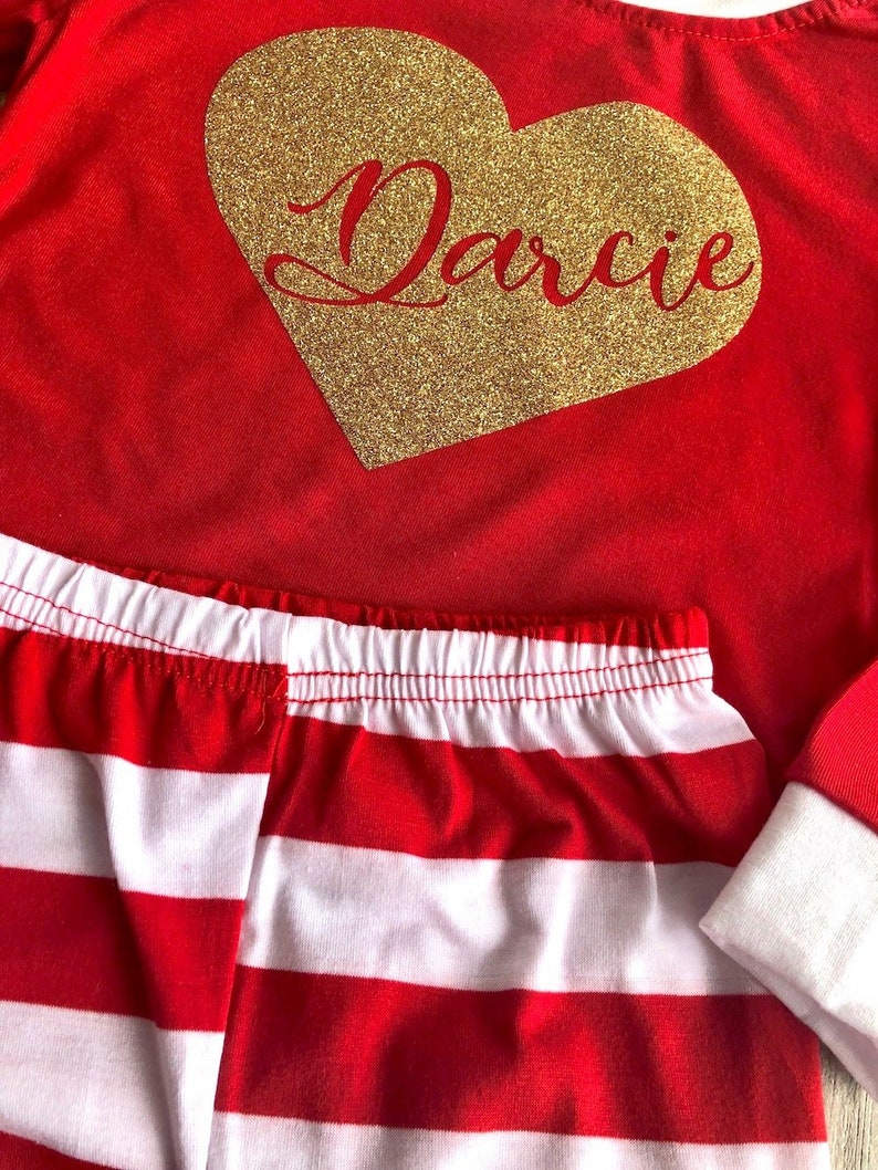 Girl/'s Pjs Girl/'s Personalised Gold Glitter Heart Name Christmas Red Striped Pyjamas Keepsake Love Cute Christmas Gift Present Sleepwear