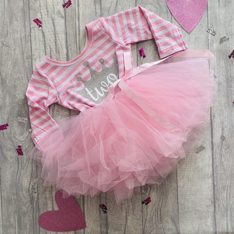 Girl/'s 2nd Birthday Silver Crown Pink and White Long Sleeved striped Tutu Dress with detachable Bow Two Year Old Girl Princess Party Dress