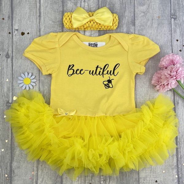 Baby Girl's Yellow Summer Tutu Romper with Bow Headband, Bee-utiful Bee Newborn Gift