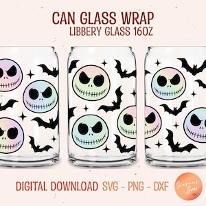 Jack Skellington Libbey glass svg Halloween beer can glass svg Bat 16oz Libbey glass wrap Jack glass can svg file for Cricut digital files