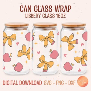 May include: Three glass jars with bamboo lids and a pattern of yellow bows, pencils, apples, and stars. The jars are labeled "CAN GLASS WRAP LIBBERY GLASS 16OZ".