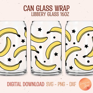 Libbey Glas SVG 16oz Bananenmuster SVG-Datei für Cricut Tropisches Bierdosenglas Banane Libbey Glasfolie Obstglasdose SVG digitale Dateien