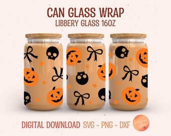 May include: Three Libbey 16oz can glasses with wooden lids, decorated with orange jack-o'-lanterns, black skulls, bows, and stars. The words "CAN GLASS WRAP" and "LIBBERY GLASS 16OZ" are printed at the top. The bottom reads "DIGITAL DOWNLOAD SVG - PNG - DXF".