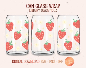Libbey glass svg 16oz Strawberry svg file for Cricut Summer Beer can glass Fruit Libbey glass wrap Daisy flower glass can svg digital file