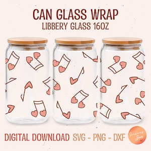 Notas musicales del corazón Libbey Glass SVG, Valentines Beer Glass Can SVG, Envoltura para vidrio Libbey de 16 oz, dxf, png, archivo svg para Circut, archivo digital
