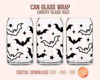 May include: Three clear Libbey 16oz can glasses with a black bat and star pattern. The words "CAN GLASS WRAP LIBBERY GLASS 16OZ" are at the top. The words "DIGITAL DOWNLOAD SVG - PNG - DXF" are at the bottom.