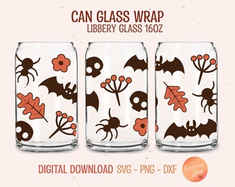 May include: Three clear can-shaped glasses with Halloween-themed designs. Each glass features a different arrangement of brown bats, spiders, skulls, flowers, and leaves. The text "CAN GLASS WRAP LIBBERY GLASS 16OZ" is at the top.